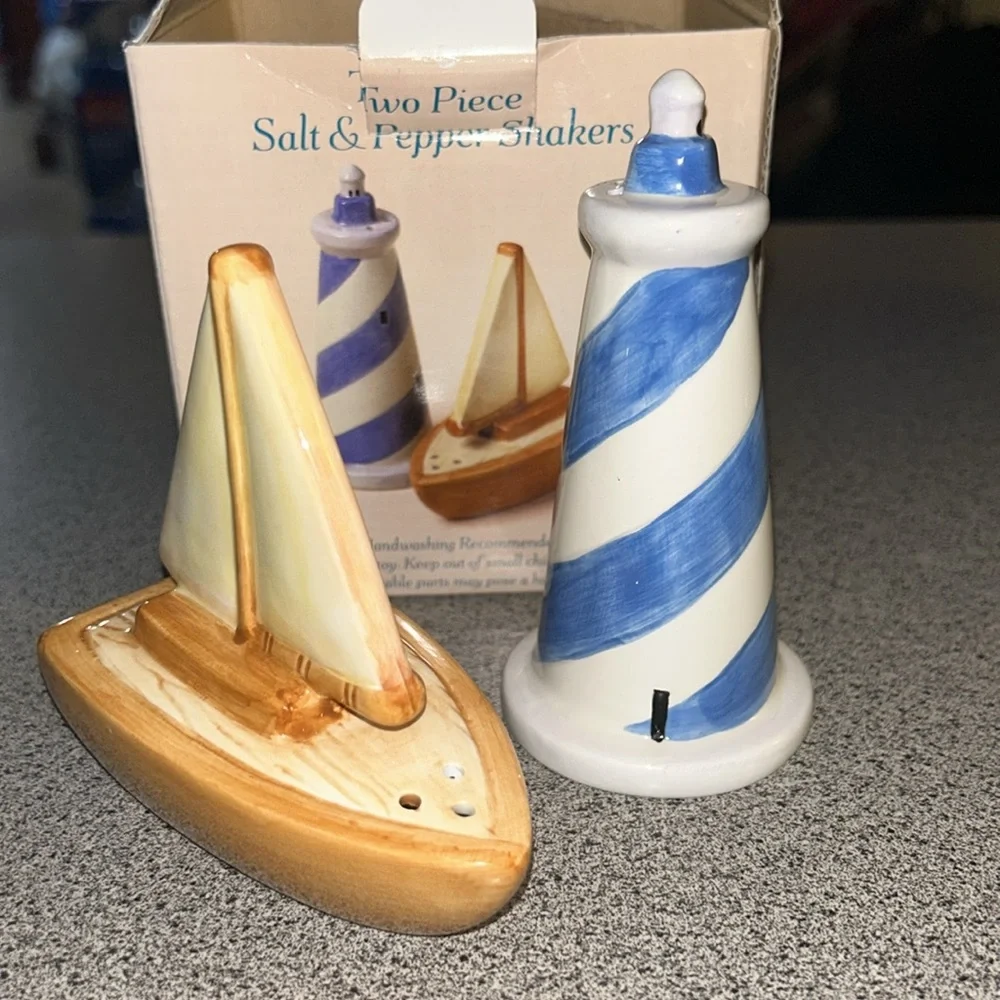 NWT Sakura Ceramic Sailboat and Lighthouse Salt and Pepper Shakers nautical